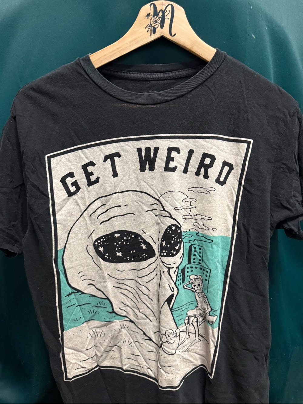 Eighty Eight Black Graphic Tee with Teal & White Alien Print